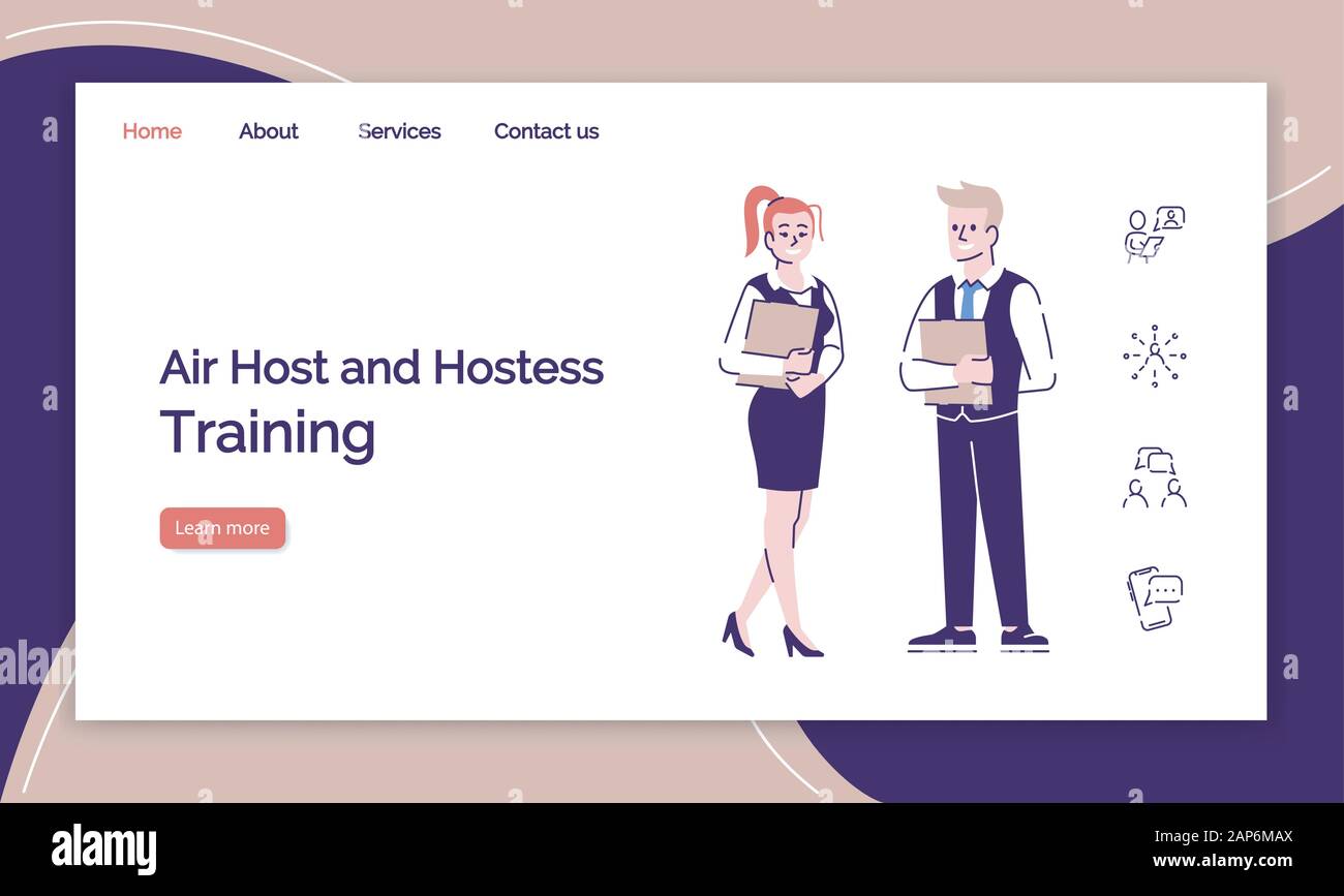 Air hostess and host training landing page vector template. Flight