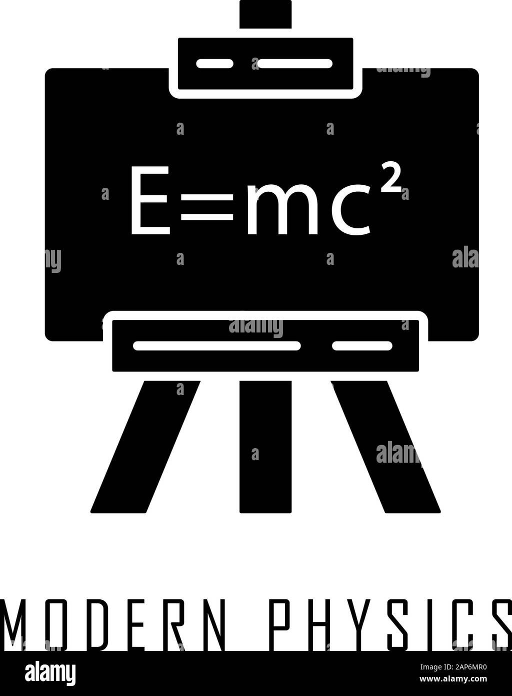 Modern physics glyph icon. Theory of relativity and quantum mechanics. Up-to-date physics and learning. Einstein formula on whiteboard. Silhouette sym Stock Vector