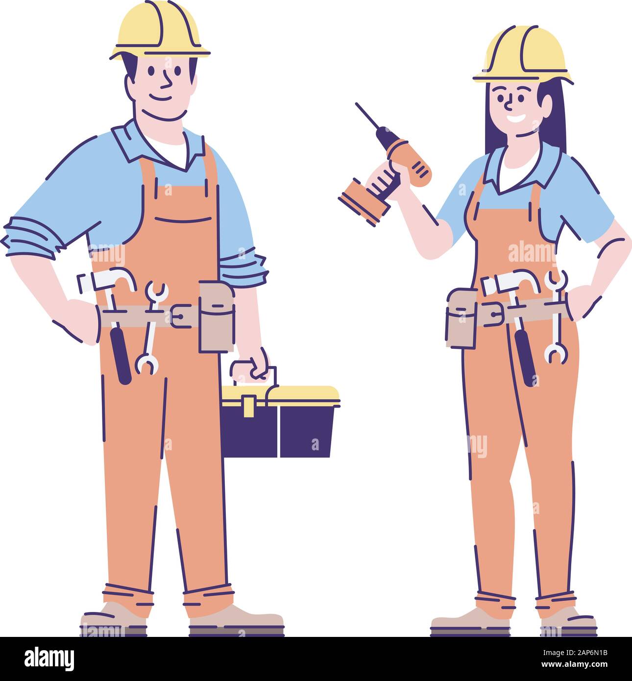Carpenters flat vector characters. Repairman, female construction workers, handyman with tools cartoon illustration isolated on white. Home maintenanc Stock Vector