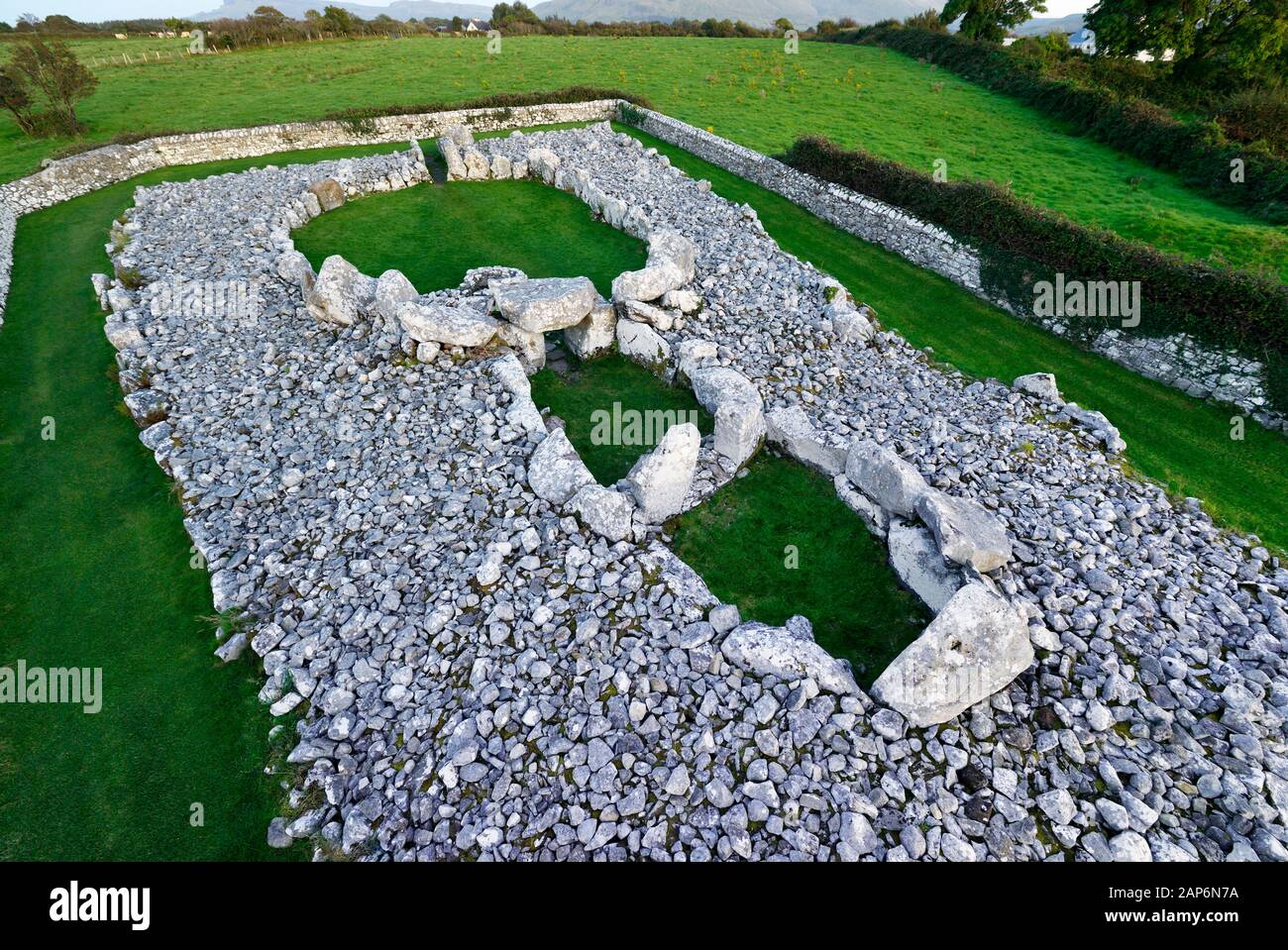 Creevykeel prehistoric court tomb burial cairn 4500+ years old. Cliffony, Sligo, Ireland. Over inner double burial chamber with enclosed court beyond Stock Photo