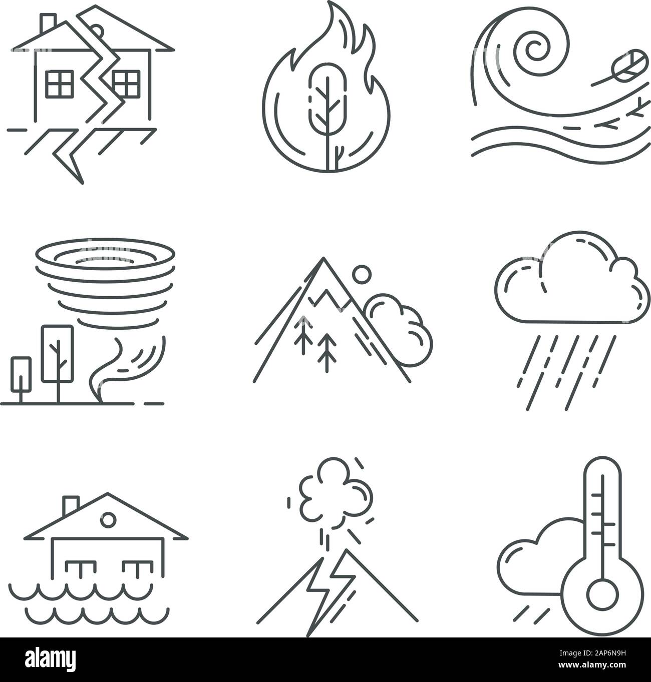 Natural disaster linear icons set. Wildfire, earthquake, tornado, avalanche. Geological and atmospheric catastrophes. Thin line contour symbols. Isola Stock Vector