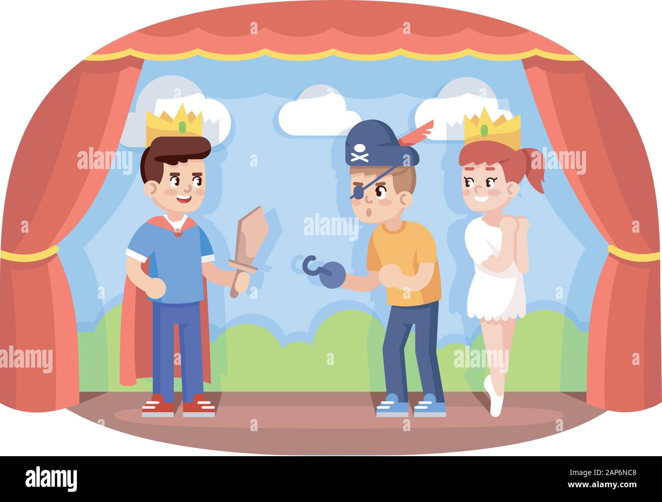 Children drama club flat vector illustration. School play. Young theatre troupe. Extracurricular activities. Development of acting skills. Kids acting Stock Vector