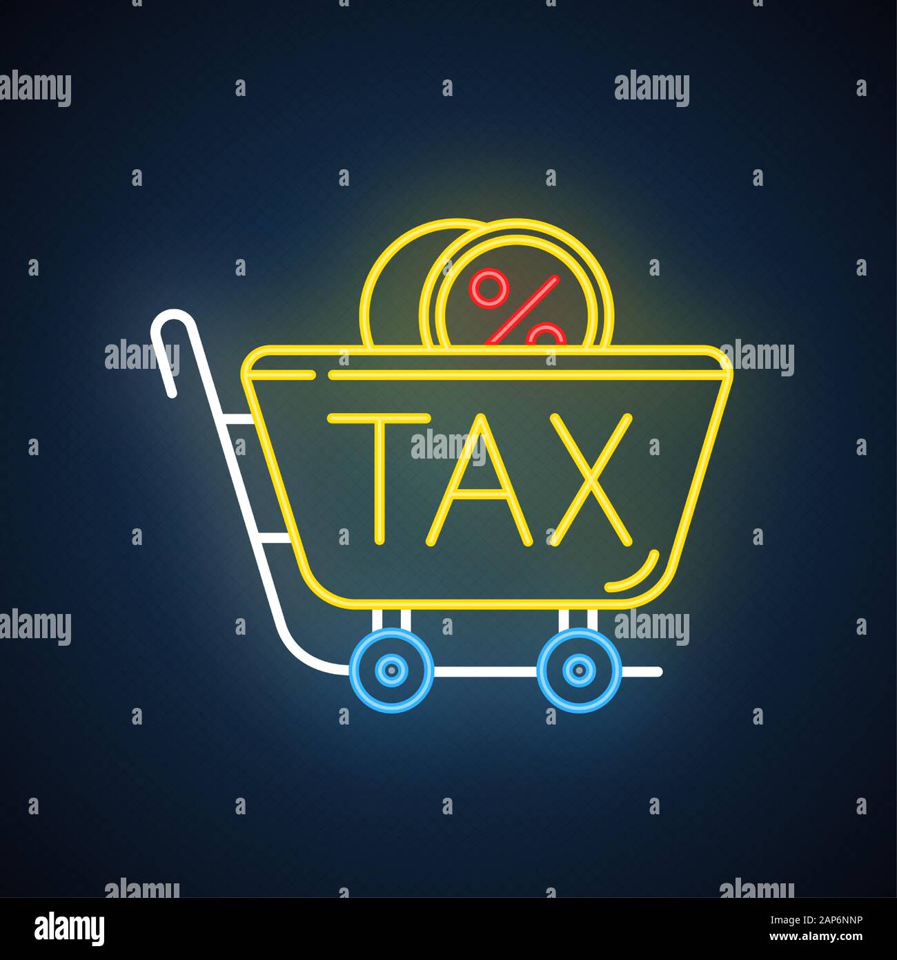 Sales tax ID neon light icon. Price formation. Excise duty. Taxation. Value added tax. Bills payment. Retail sale. Glowing sign with alphabet, numbers Stock Vector