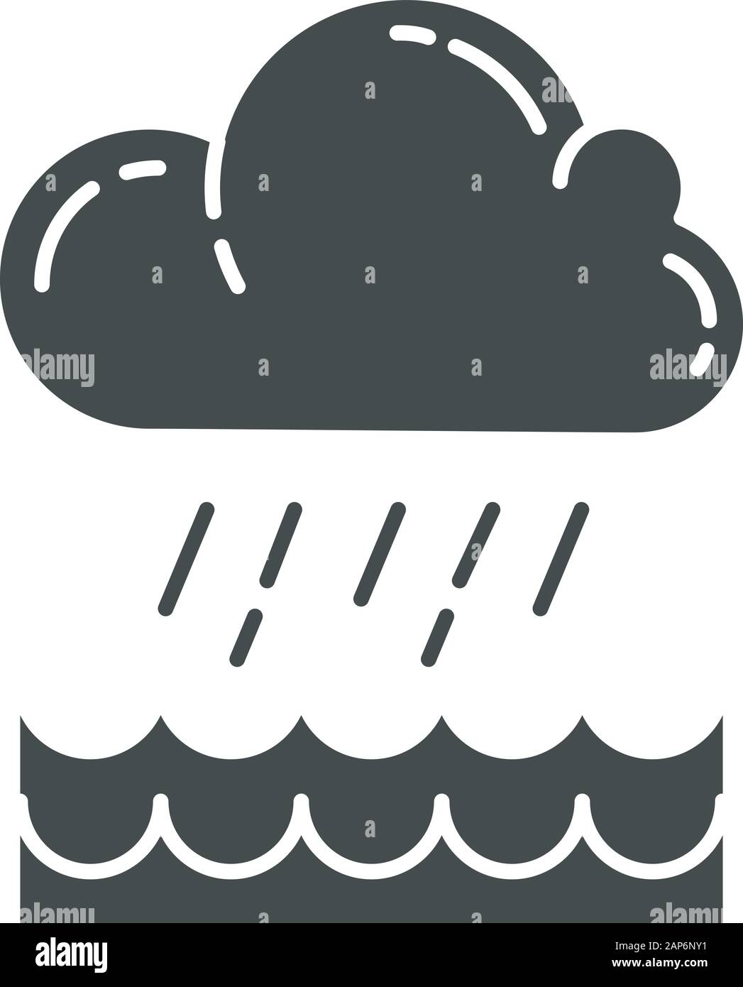 Downpour glyph icon. Cloud, heavy rainfall, incoming water. Rainstorm. Torrential, pouring rain over water. Meteorological phenomenon. Silhouette symb Stock Vector