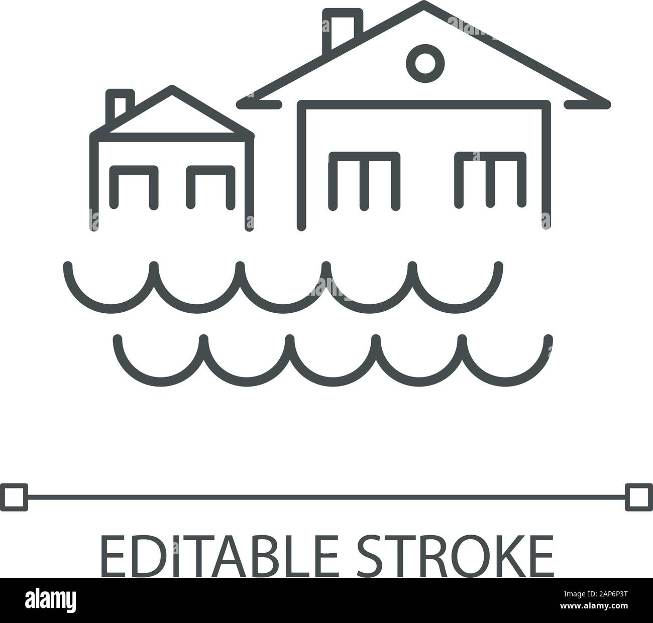 Flood linear icon. Sinking settlement. Submerged houses. Flooding locality. Overflow of water. Thin line illustration. Contour symbol. Vector isolated Stock Vector