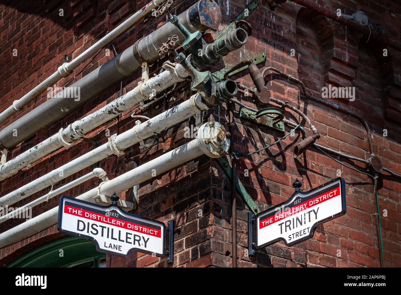 Vintage street signs against a red brick wall with industrial pipes Stock Photo
