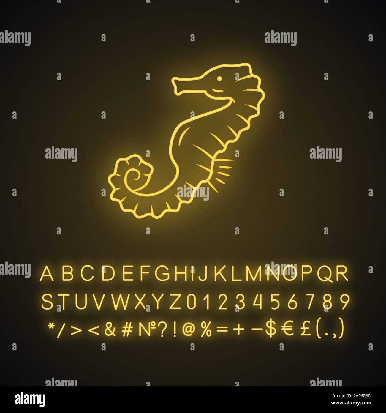 Seahorse neon light icon. Exotic fish. Aquatic creature with horse shape body. Swimming underwater organism. Marine fauna. Glowing sign with alphabet, Stock Vector