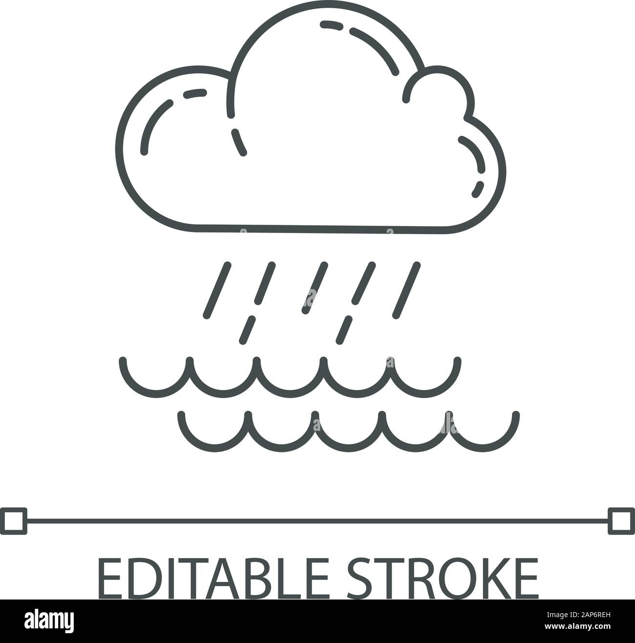 Downpour linear icon. Cloud, heavy rainfall, incoming water. Rainstorm. Rain over water. Monsoon season. Thin line illustration. Contour symbol. Vecto Stock Vector