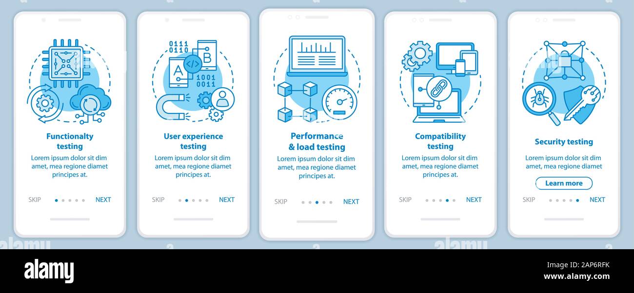 Software testing onboarding mobile app page screen vector template. Computer program development. Walkthrough website steps with linear illustrations. Stock Vector