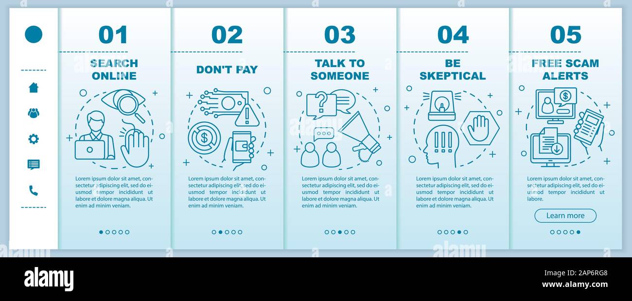 Scam prevention onboarding mobile web pages vector template. Responsive smartphone website interface idea with linear illustrations. Be sceptical. Web Stock Vector