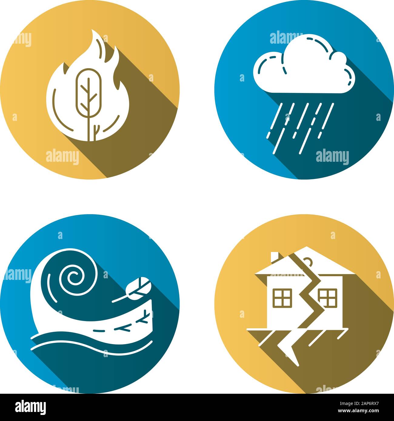 Natural disaster flat design long shadow glyph icons set. Global  catastrophes. Wildfire, earthquake, tsunami, downpour. Destructive force of  nature. V Stock Vector Image & Art - Alamy