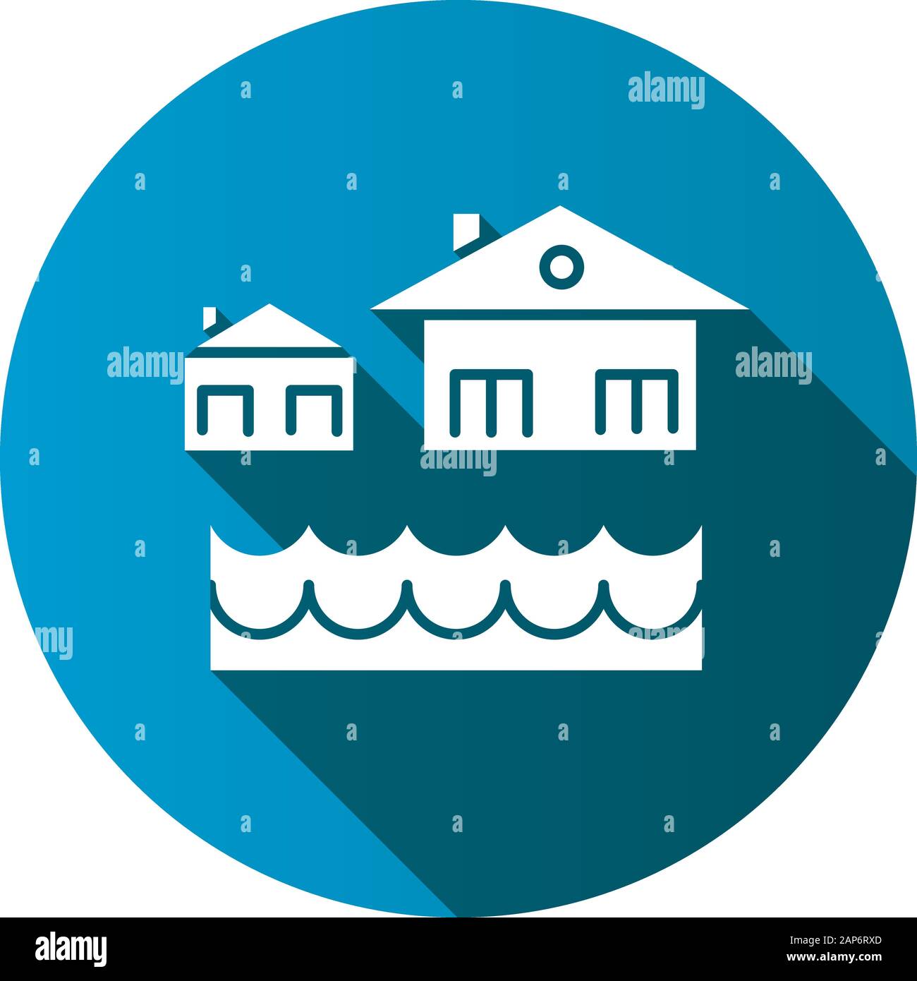 Flood flat design long shadow glyph icon. Overflow of water. Sinking house. Submerged building. Flooding locality. Sea level rise. Natural disaster. V Stock Vector