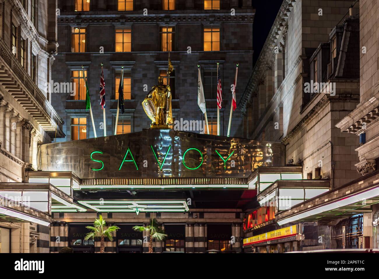 Savoy Hotel London - classic front entrance of the luxury Savoy Hotel London, opened 1889. Architect Thomas Edward Collcutt Stock Photo