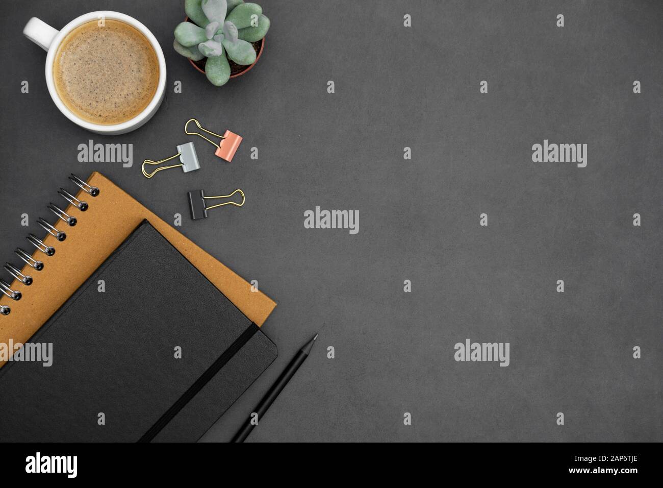 Blank paper notebook with pencil and cup of coffee on wooden table. Stock  Photo #86741320