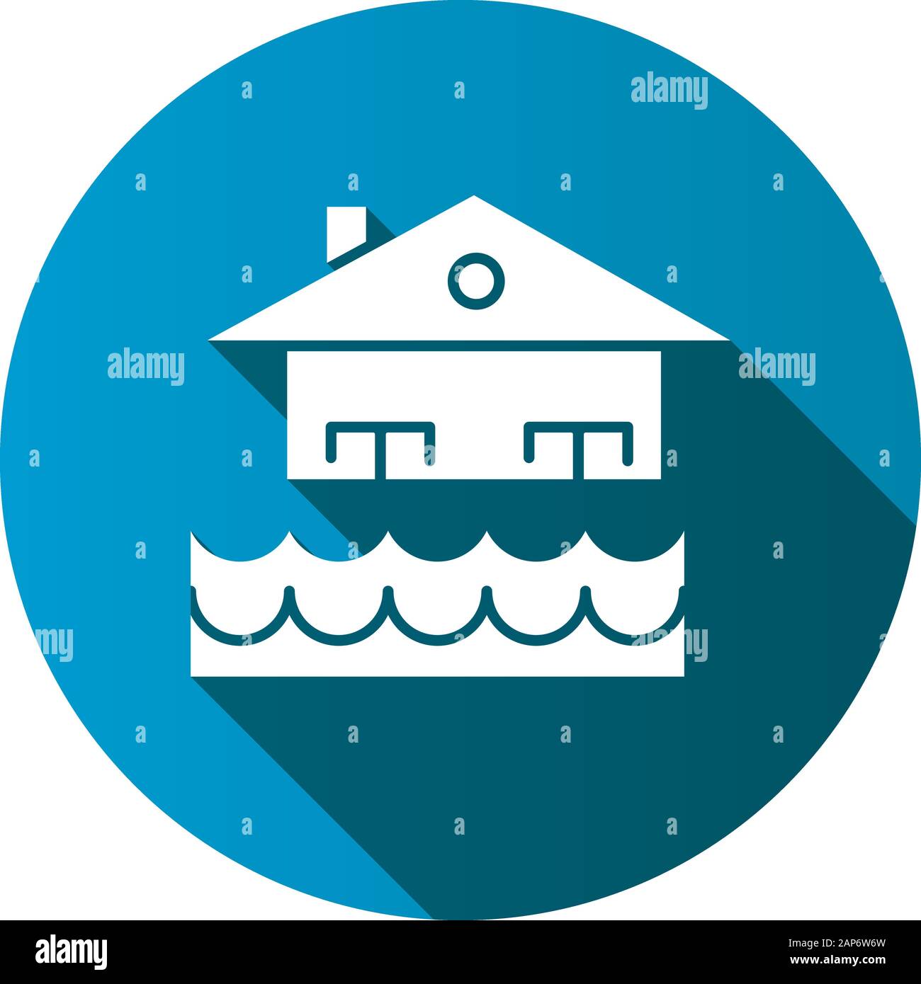 Flood blue flat design long shadow glyph icon. Overflow of water. Sinking house. Submerged building. Flooding locality. Sea level rise. Natural disast Stock Vector