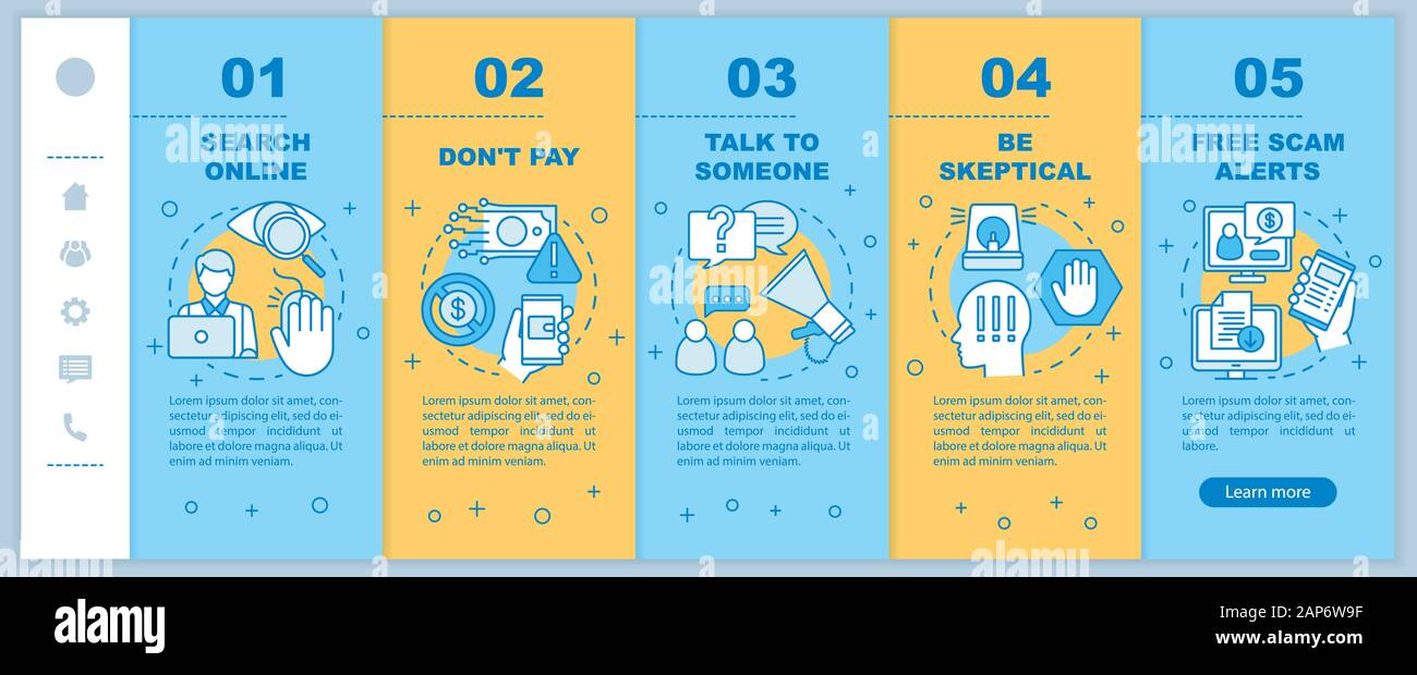Scam prevention onboarding mobile web pages vector template. Responsive smartphone website interface idea with linear illustrations. Search online. We Stock Vector