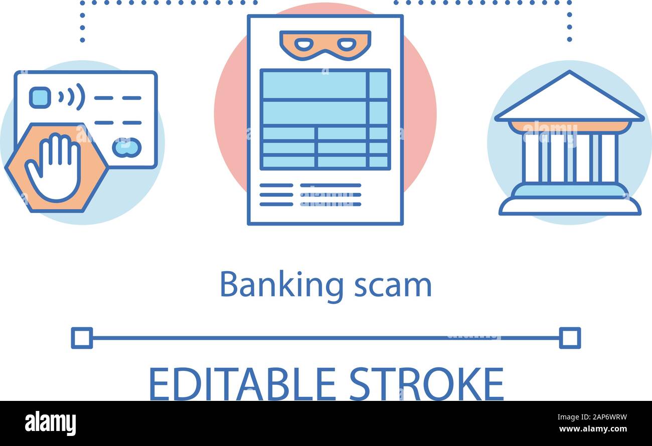 Banking scam concept icon. Stealing credit card information idea thin line illustration. Financial fraud. Getting bank account details. Vector isolate Stock Vector