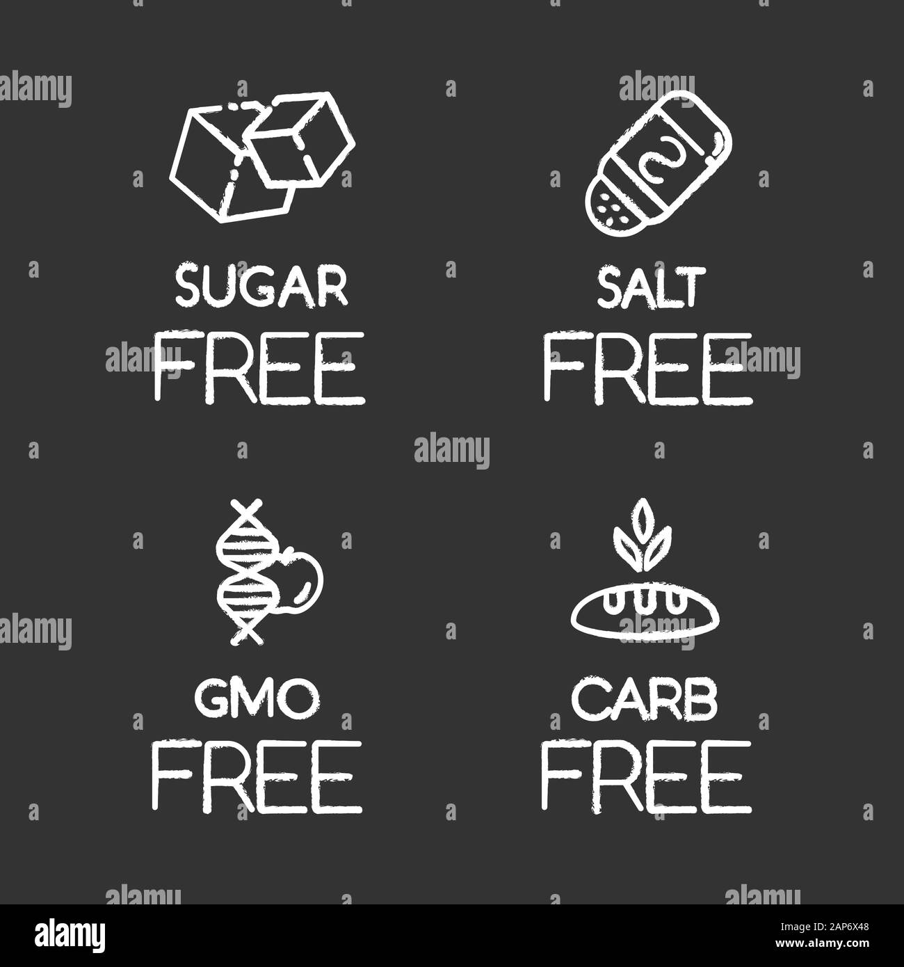 Product free ingredient chalk icons set. No sugar, salt, gmo, carbs ...