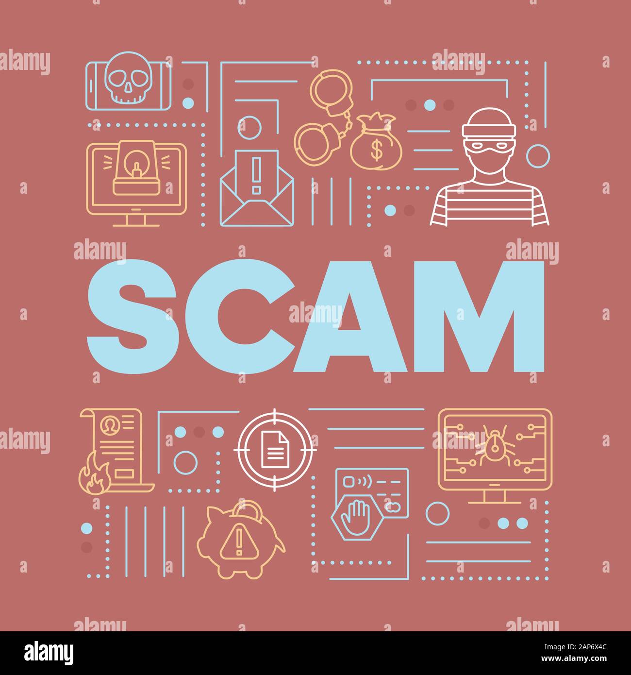 Scam red word concepts banner. Illegal actions presentation, website. Fraud types. Internet crime. Bugs and virus. Isolated lettering typography idea Stock Vector