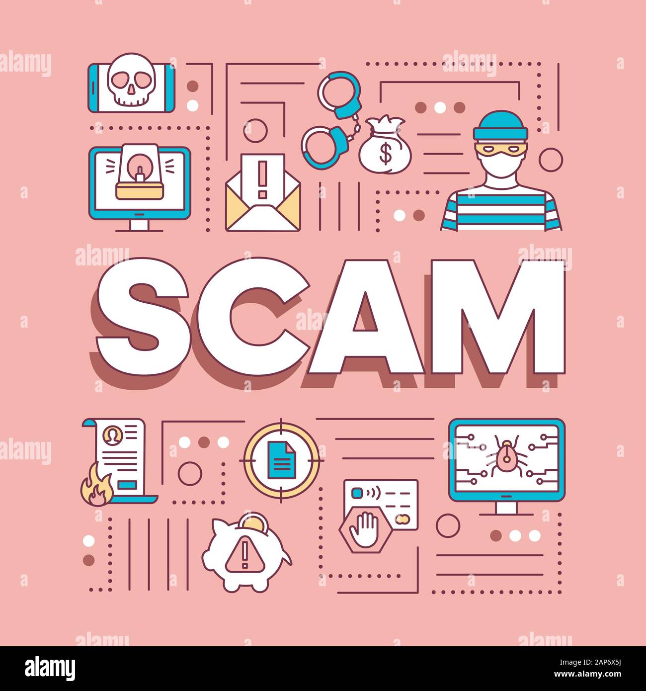 Scam word concepts banner. Illegal actions presentation, website. Fraud types. Internet crime. Bugs and virus. Isolated lettering typography idea with Stock Vector