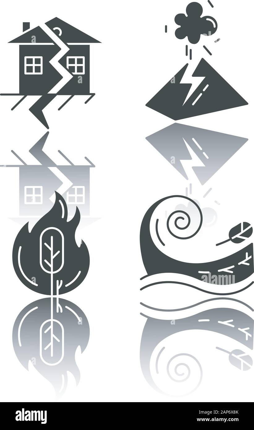 Natural disaster drop shadow black glyph icons set. Global catastrophes ...