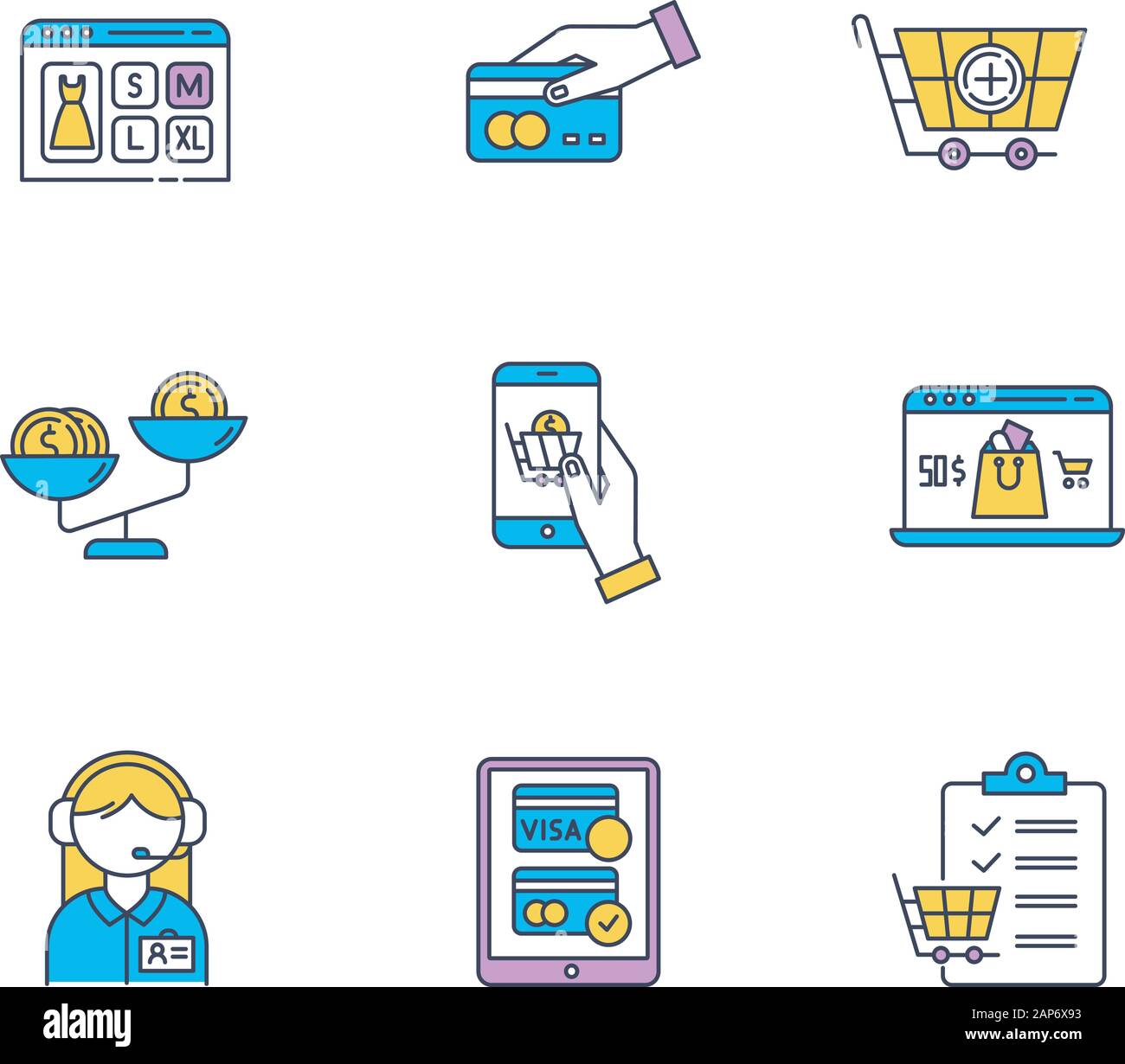 Online shopping color icons set. Customer support service. Payment 