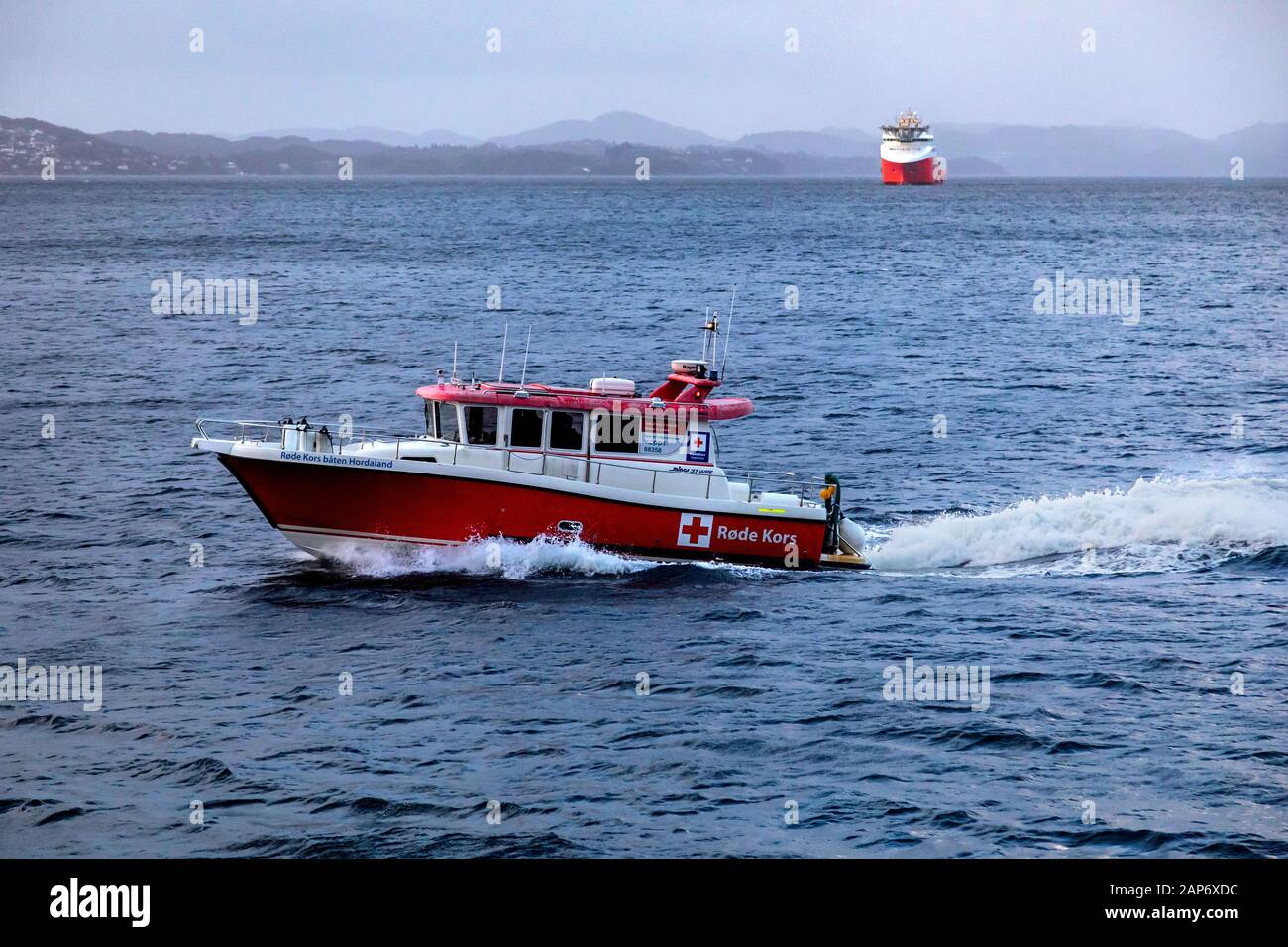 Red Cross SAR vessel Røde Kors båten at Byfjorden, Bergen, Norway Stock Photo