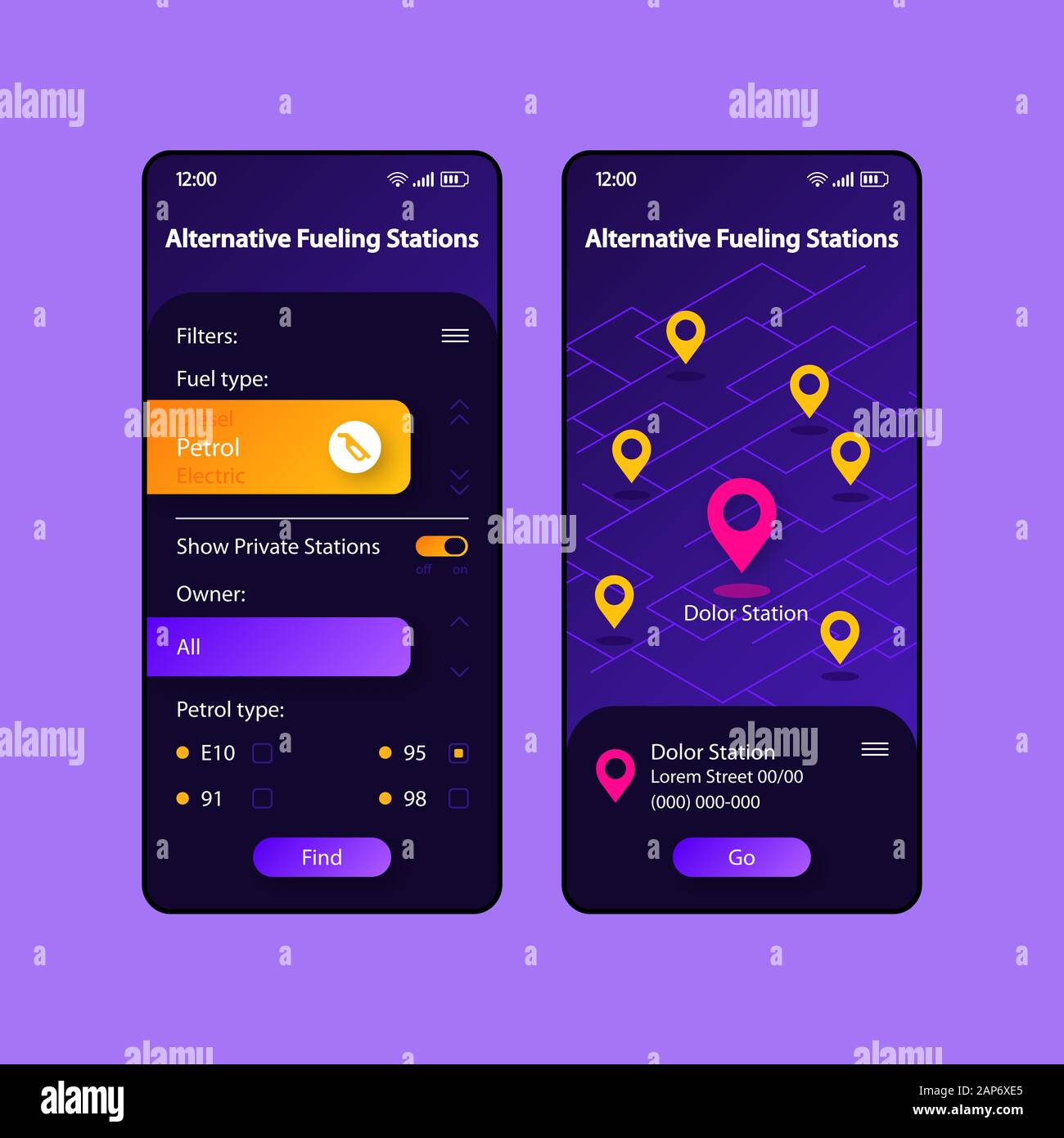 Alternative fueling stations smartphone interface vector template set