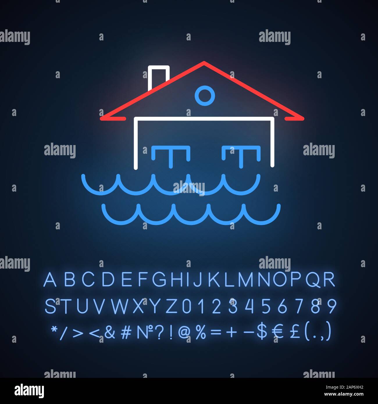 Flood neon light icon. Overflow of water. Sinking house. Submerged building. Flooding locality. Natural disaster. Glowing sign with alphabet, numbers Stock Vector