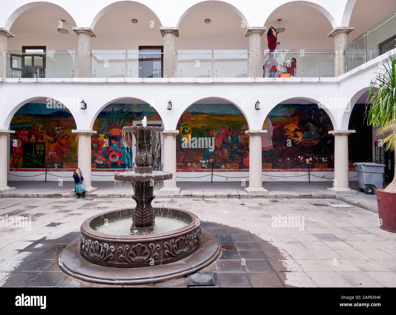 San Pedro Cholula, Mexico, October 17, 2018 - Inner square with porch and fountain of San Pedro Cholula city hall. Stock Photo
