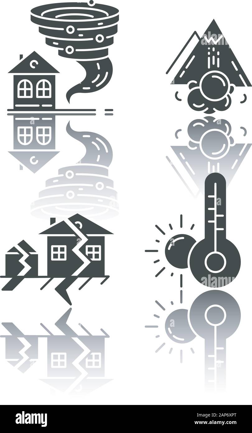 Natural disaster drop shadow black glyph icons set. Weather forecast ...