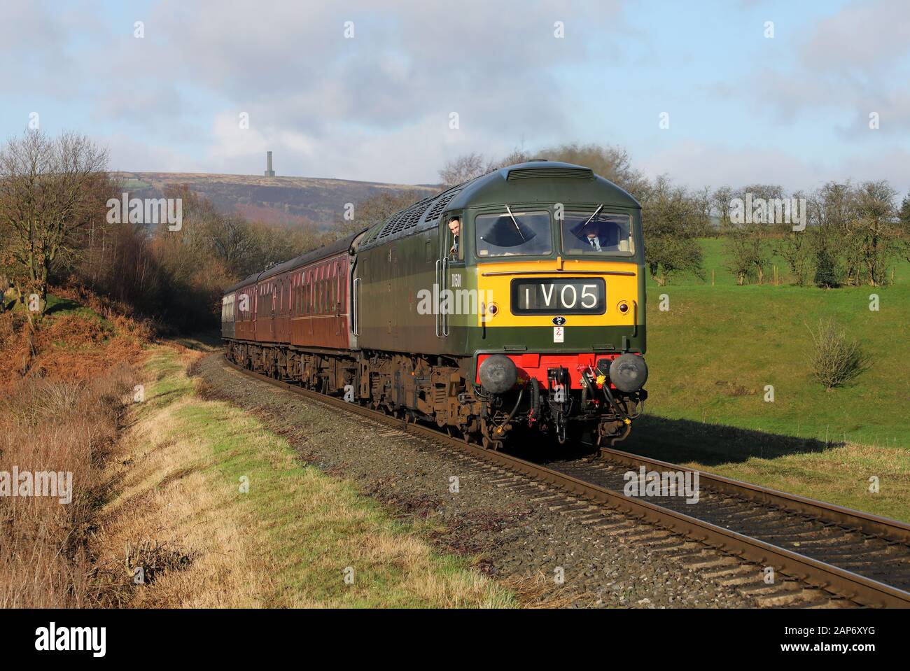 D1501/47402 arrives at Burrs County Halt on the East Lancs Railway. Stock Photo