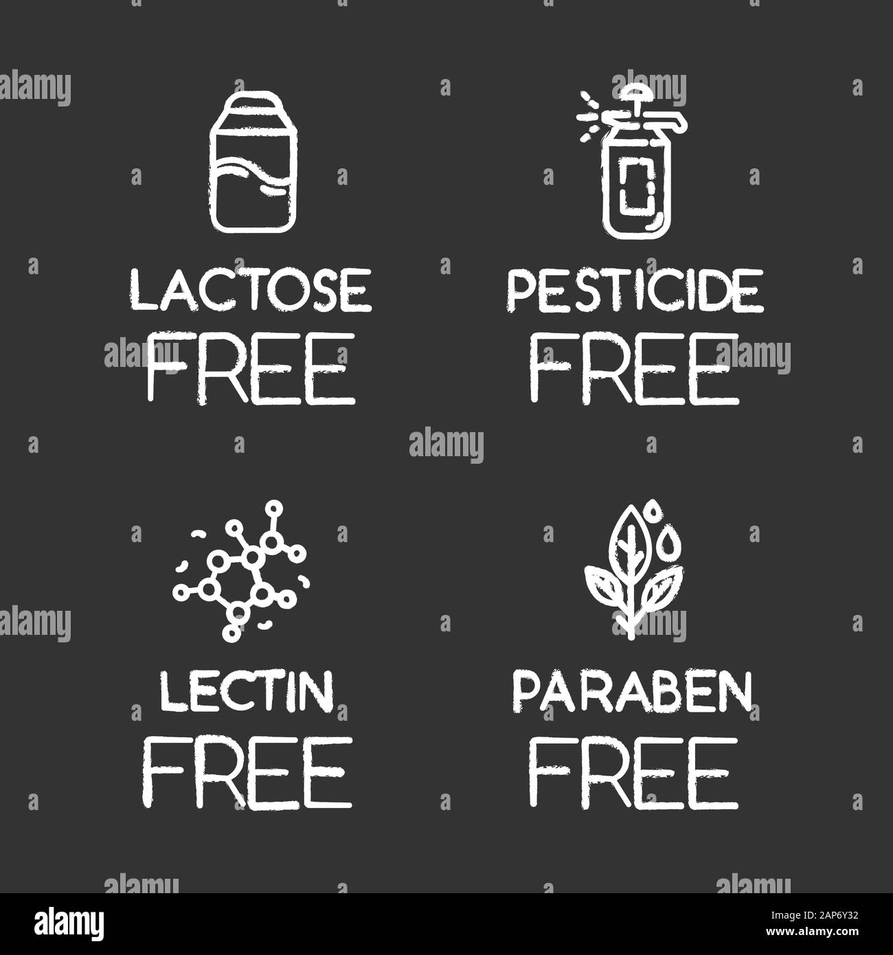 Product free ingredient chalk icons set. No lactose, pesticide, lectin, paraben. Organic food. Non-chemical pharmaceuticals. Dietary without allergens Stock Vector