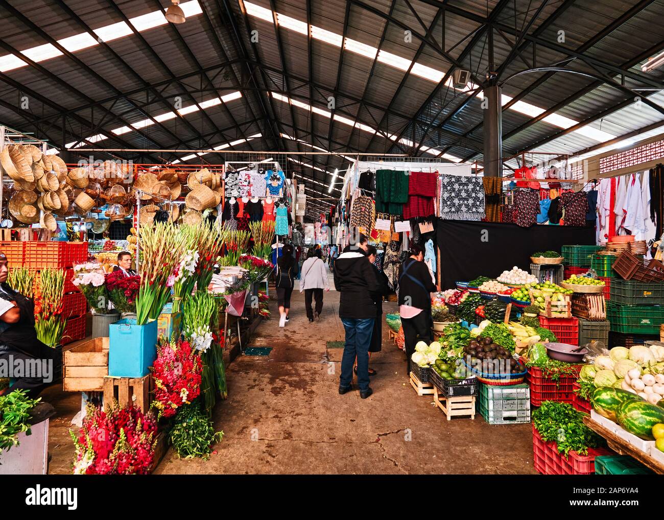 San Pedro Cholula, Mexico, October 17, 2018 - Wide angle view inside the San pedro Cholula covered municipal market. Stock Photo