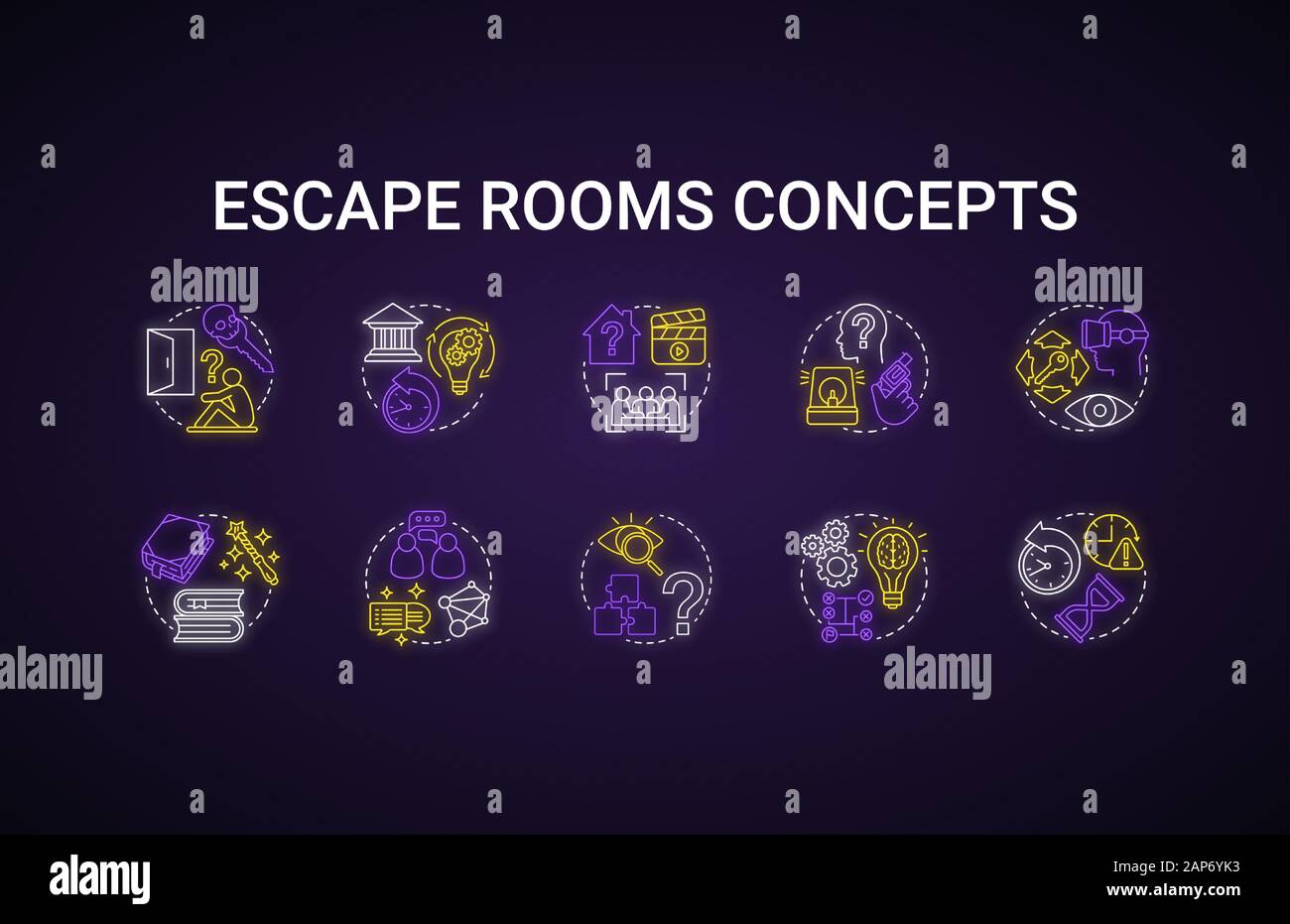 Escape Rooms Neon Light Concept Icons Set Quest Different Themes Types Idea Strategy Logical Game Collection Puzzles And Riddles Solving Pack Glo Stock Vector Image Art Alamy