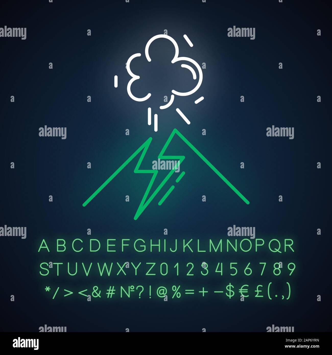Volcanic eruption neon light icon. Geothermal power. Active volcano