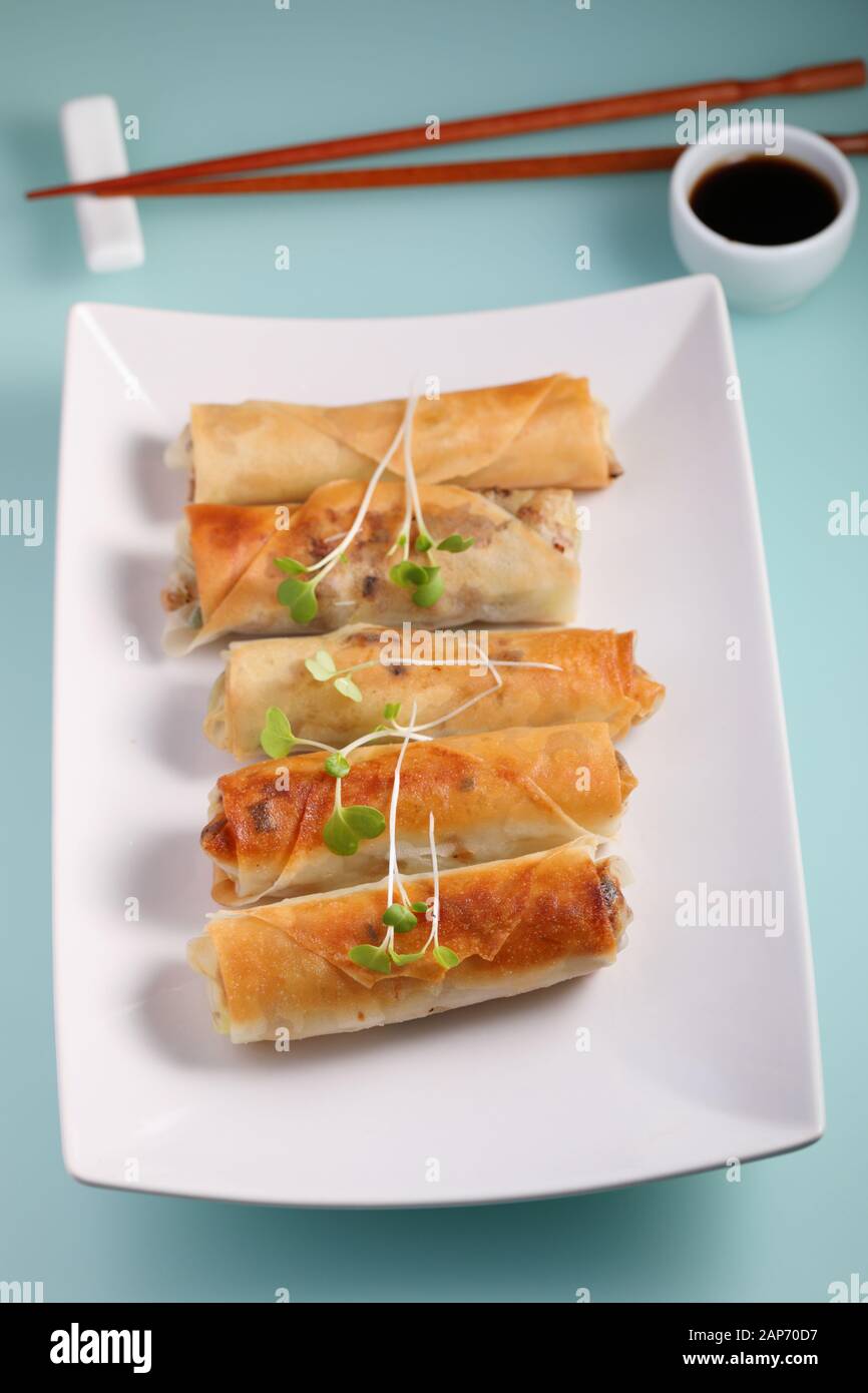 Spring rolls topped with sprouts and served with soy sauce Stock Photo