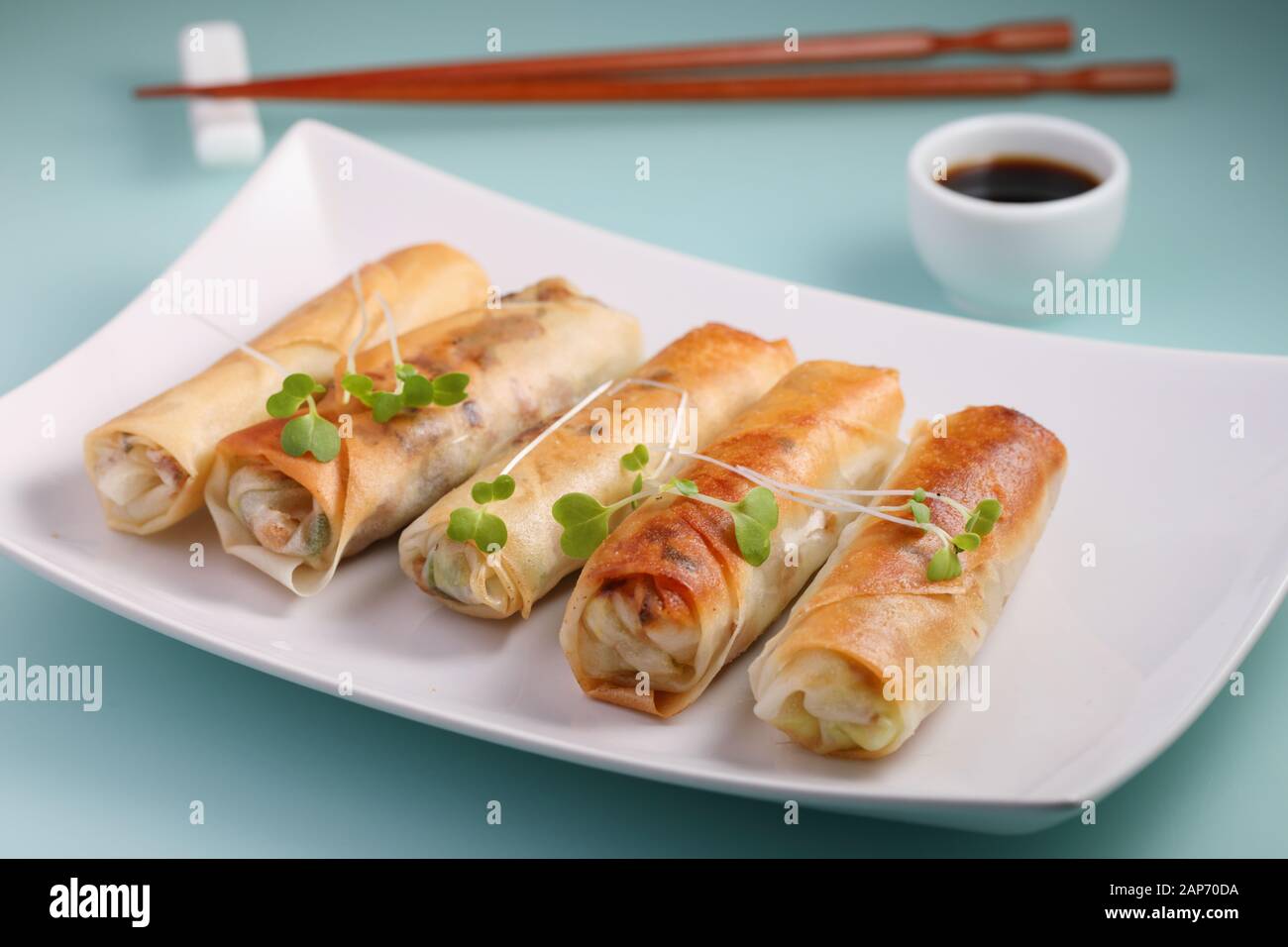 Spring rolls topped with sprouts and served with soy sauce Stock Photo