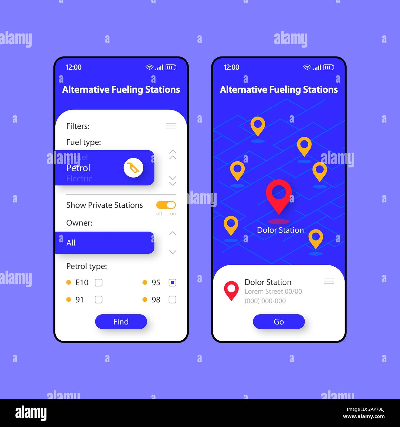Alternative fueling stations smartphone interface vector template set.  Mobile app page blue and white design layout. Gas station map screen. Flat  UI f Stock Vector Image & Art - Alamy
