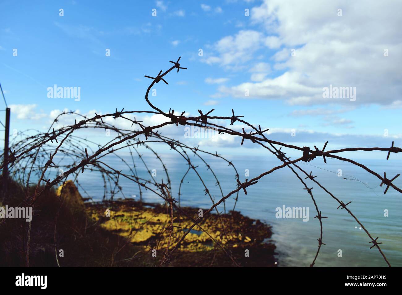 Barbed wire at Point du hoc, Normandy, France. 02. September 2019 Stock Photo