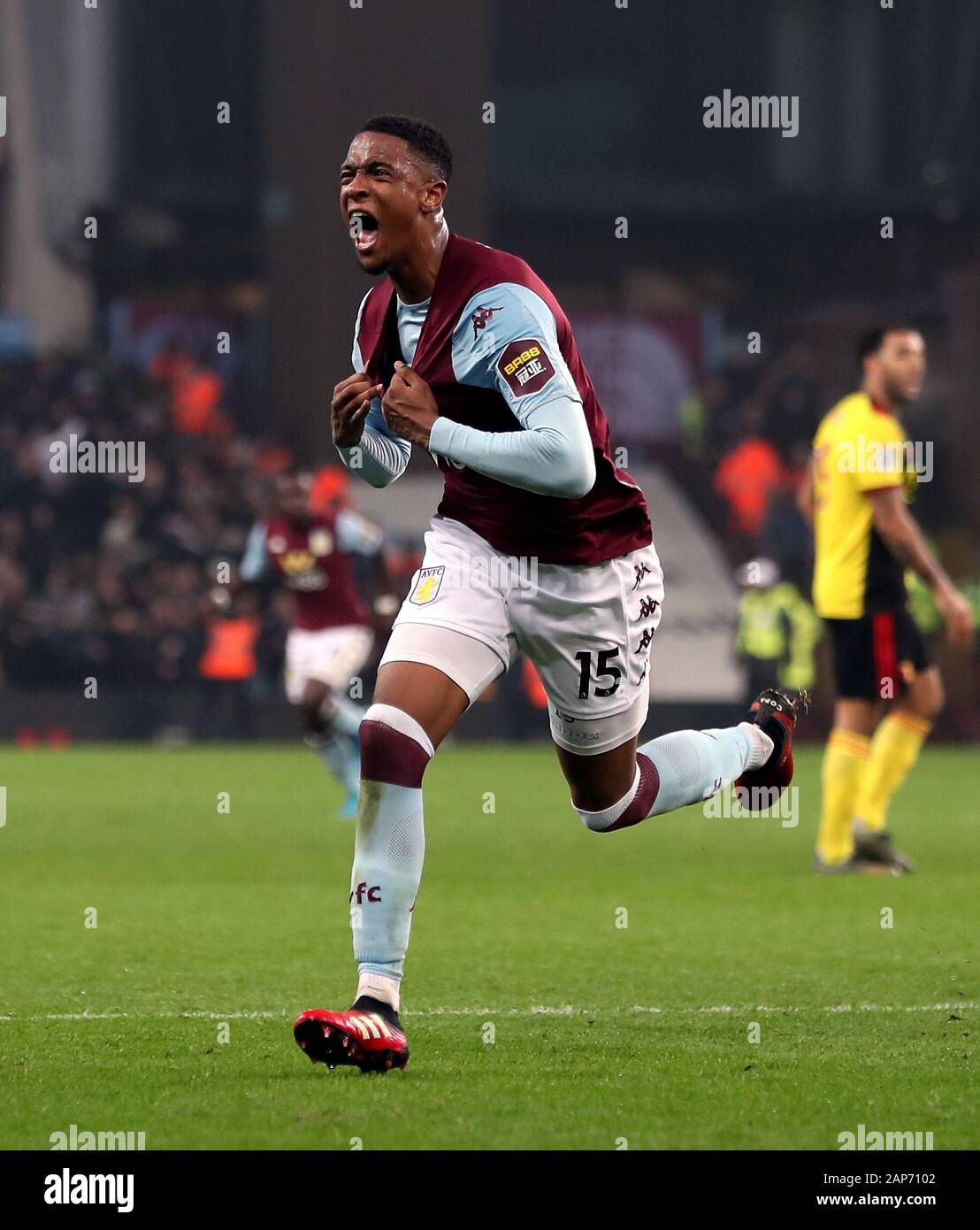 Aston Villa's Ezri Konsa celebrates his side's second goal of the game which has been awarded to have been scored by Tyrone Mings during the Premier League match at Villa Park, Birmingham. Stock Photo