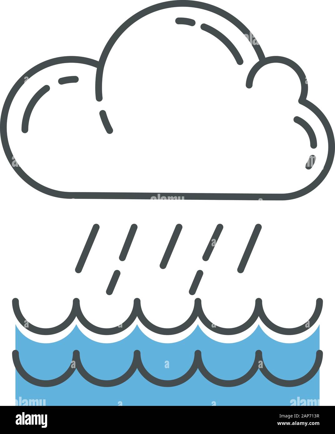 Downpour blue color icon. Cloud, heavy rainfall, incoming water. Rainstorm. Torrential, pouring rain over of water. Meteorological phenomenon. Monsoon Stock Vector
