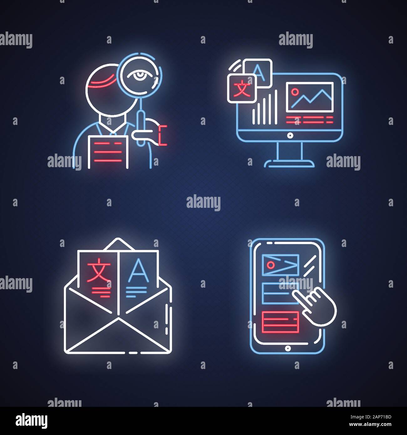 Translation neon light icons set. Proofreading, website localization ...
