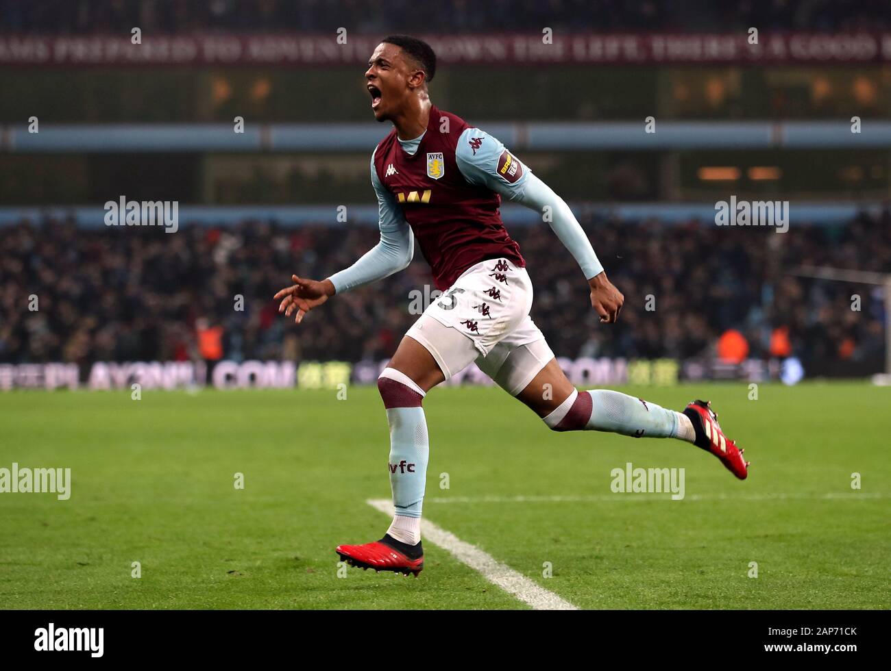 Aston Villa's Ezri Konsa celebrates his side's second goal of the game which has been awarded to have been scored by Tyrone Mings during the Premier League match at Villa Park, Birmingham. Stock Photo