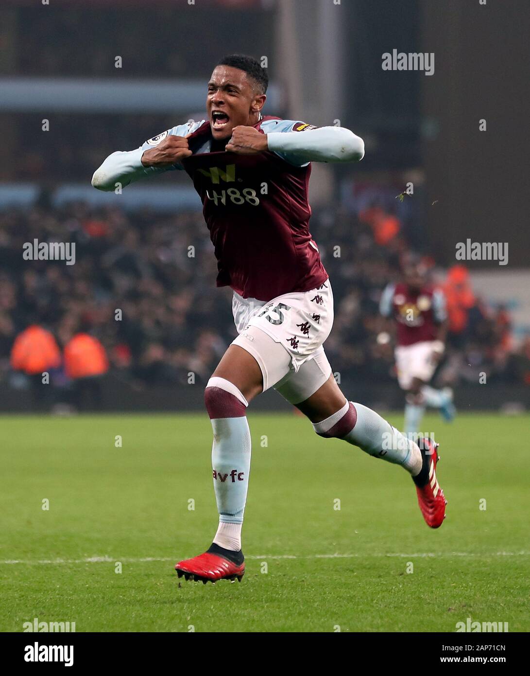 Aston Villa's Ezri Konsa celebrates his side's second goal of the game which has been awarded to have been scored by Tyrone Mings during the Premier League match at Villa Park, Birmingham. Stock Photo