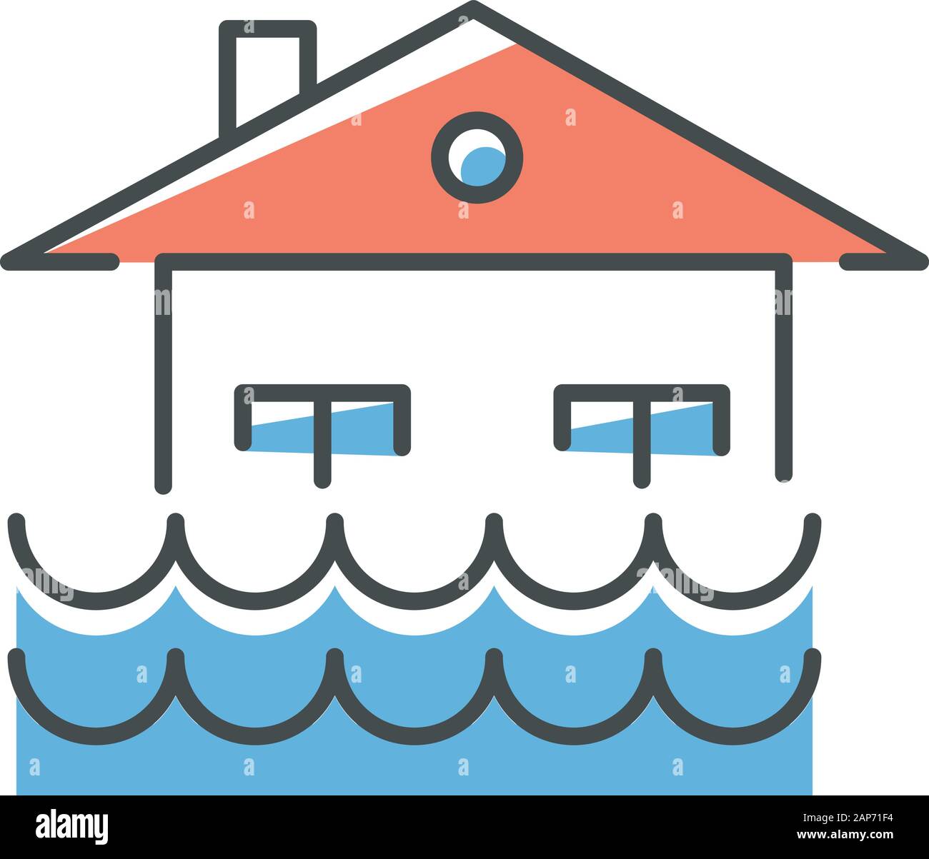 Flood blue color icon. Overflow of water. Sinking house. Submerged building. Flooding locality. Sea level rise. Natural disaster. Isolated vector illu Stock Vector