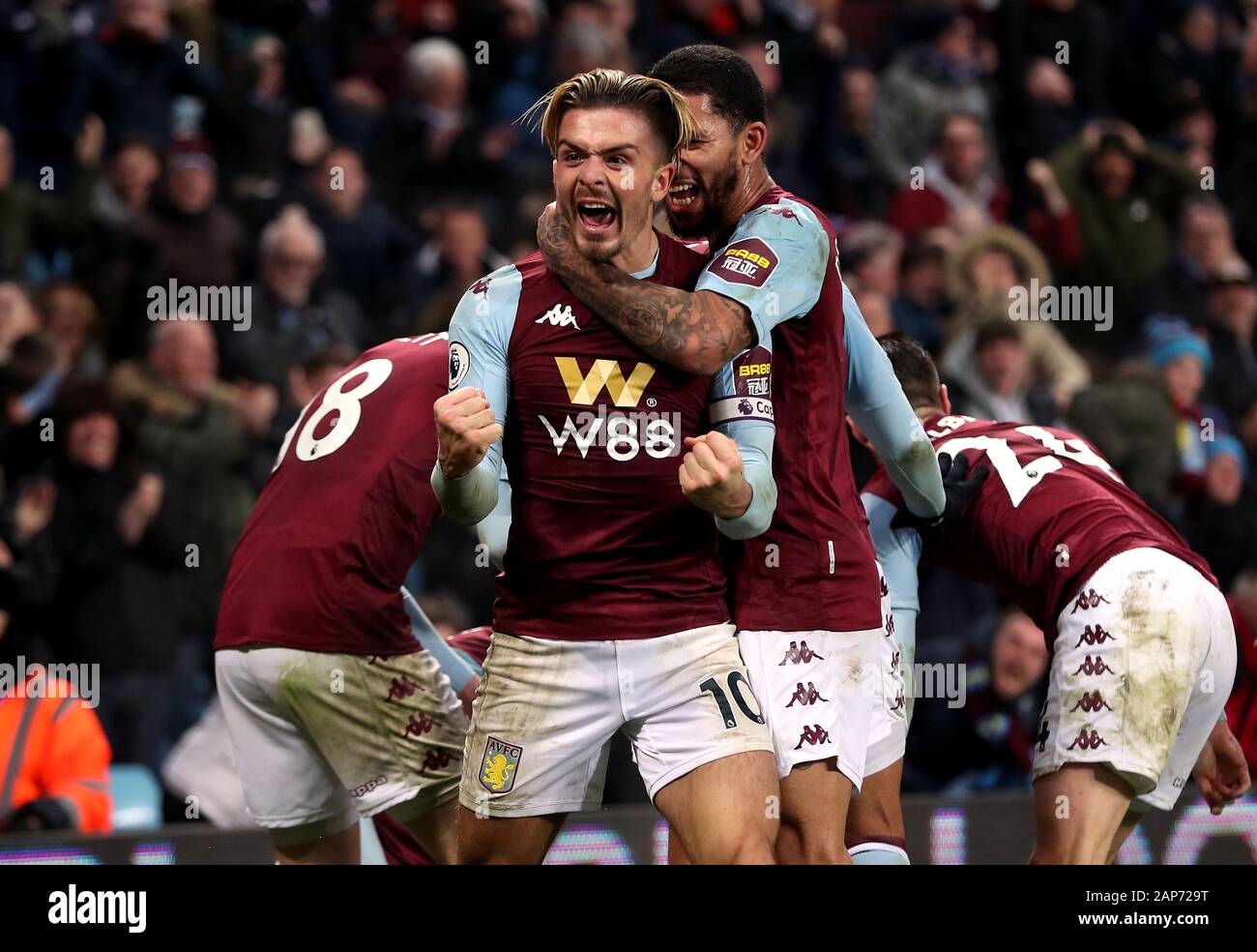 Aston Villa's Jack Grealish celebrates his side's second goal of the game which has been awarded to have been scored by Tyrone Mings during the Premier League match at Villa Park, Birmingham. Stock Photo