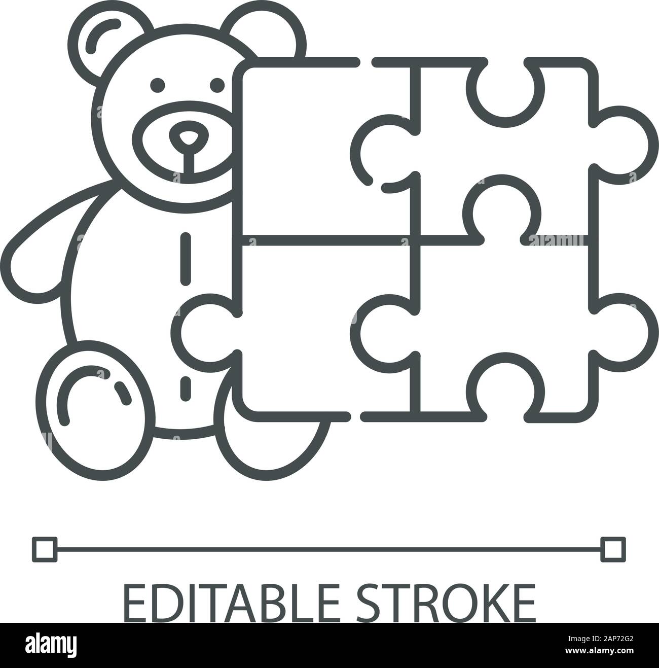 Toys and hobbies linear icon. Kid products. Teddy bear and puzzle. E commerce department, shopping categories. Thin line illustration. Contour symbol. Stock Vector