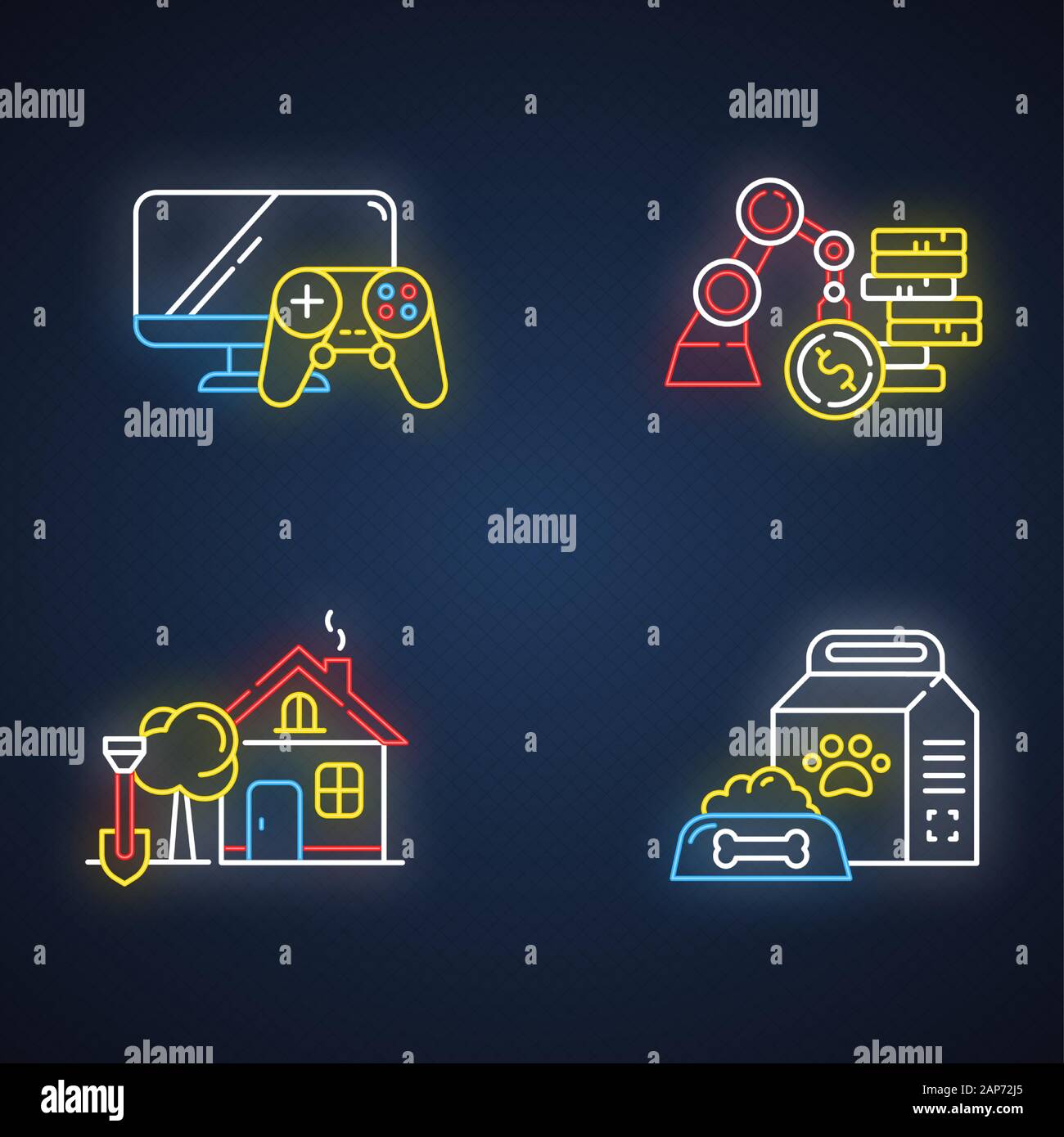 E commerce departments neon light icons set. Online shopping categories. Pet supplies. Home and garden. Business and industrial. Video games and conso Stock Vector