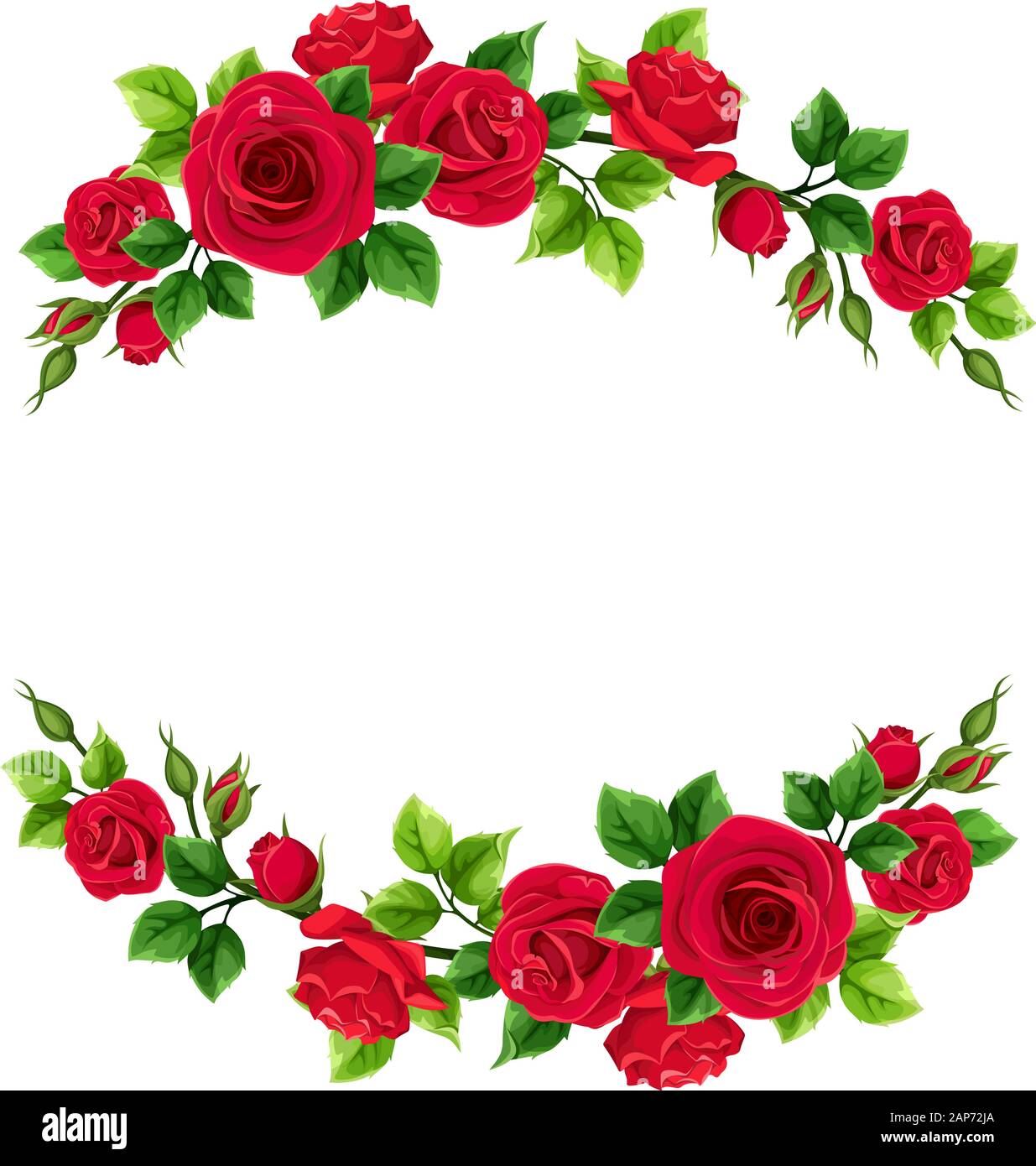 Vector Valentine’s day frame with red roses and green leaves Stock ...